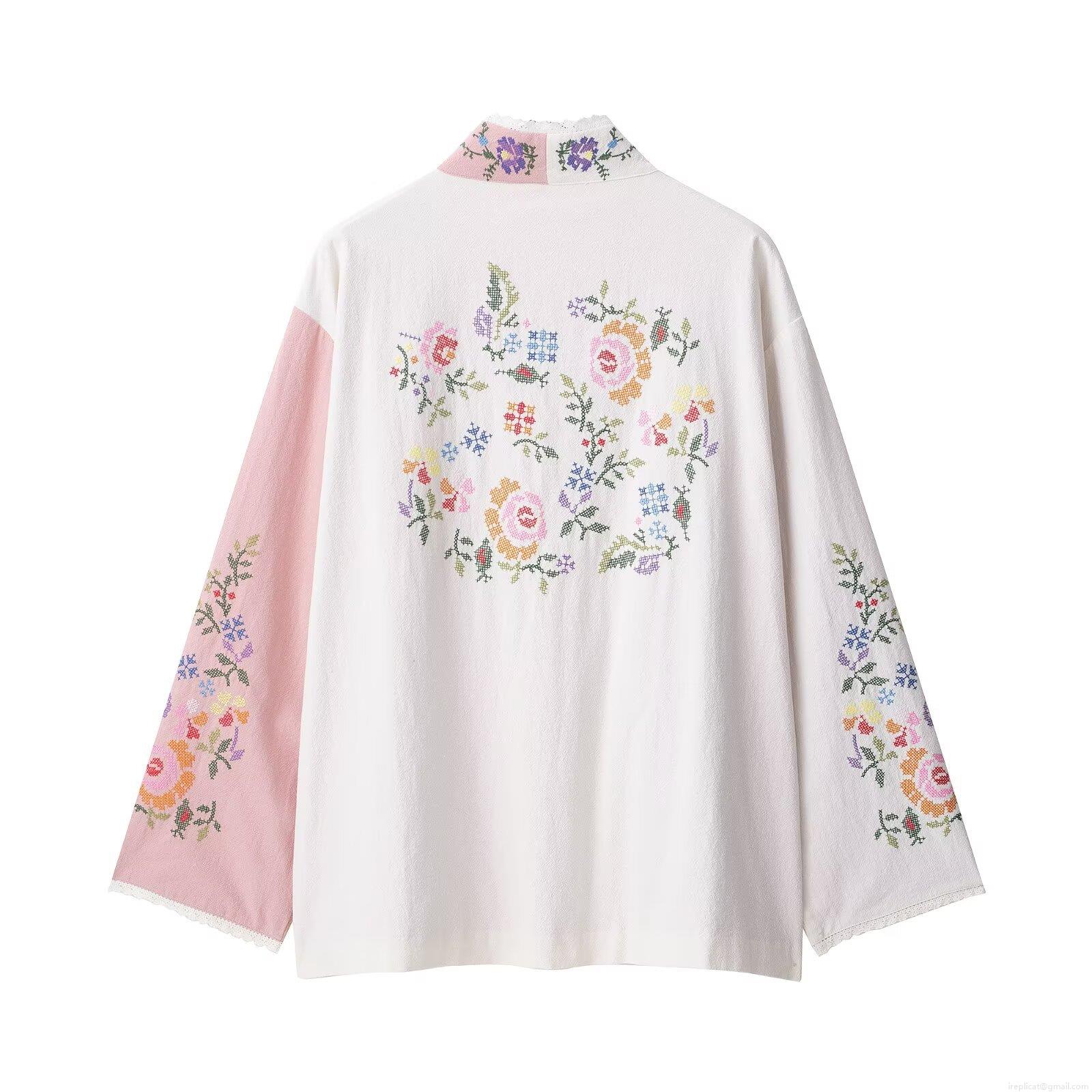 Women's Vintage Floral Embroidery Cardigan Pink White Patchwork V-Neck Long Sleeve Blouse Casual Lace Trim Open Front Shirt Summer Light Jacket Top for Women