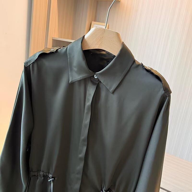 Women's Elegant Satin Long Sleeve Blouse Drawstring Waist Shirt With Epaulettes Solid Color Viscose Blend Office Commuter Top