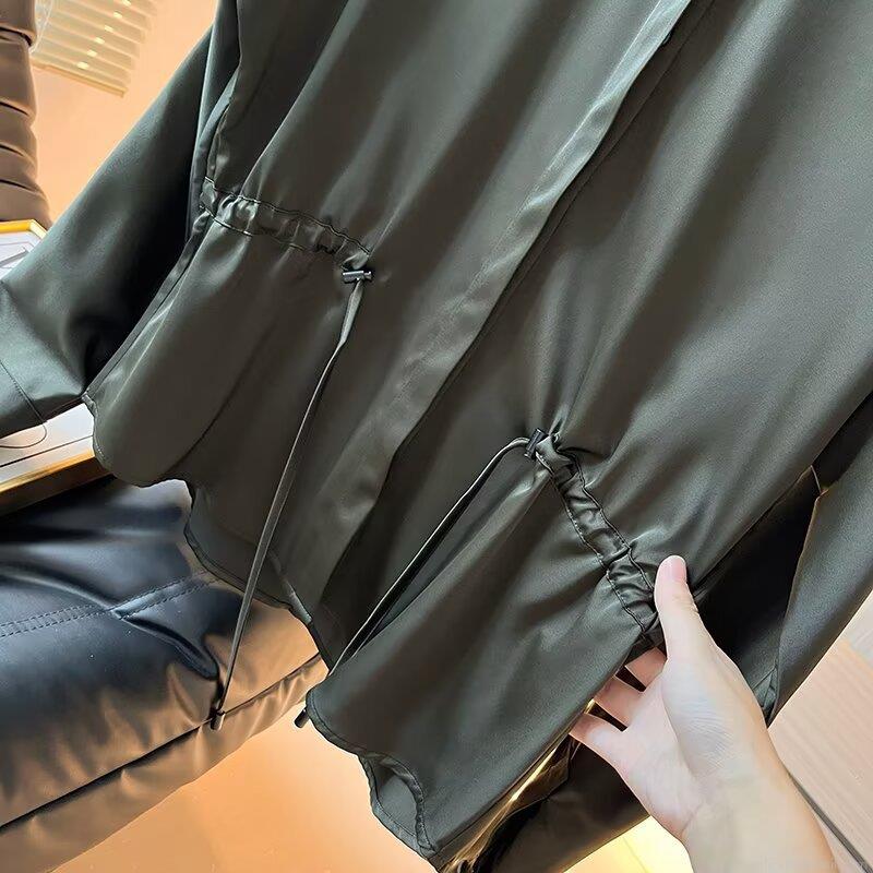 Women's Elegant Satin Long Sleeve Blouse Drawstring Waist Shirt With Epaulettes Solid Color Viscose Blend Office Commuter Top