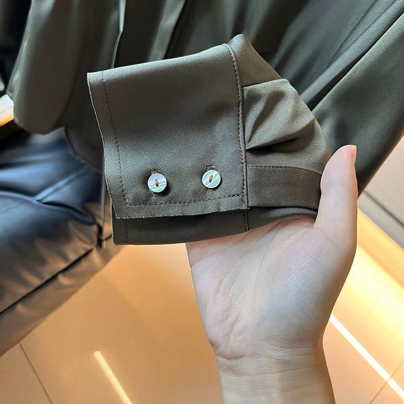 Women's Elegant Satin Long Sleeve Blouse Drawstring Waist Shirt With Epaulettes Solid Color Viscose Blend Office Commuter Top