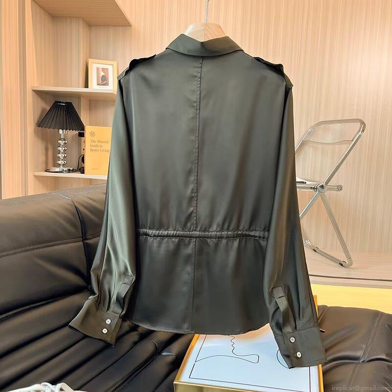 Women's Elegant Satin Long Sleeve Blouse Drawstring Waist Shirt With Epaulettes Solid Color Viscose Blend Office Commuter Top