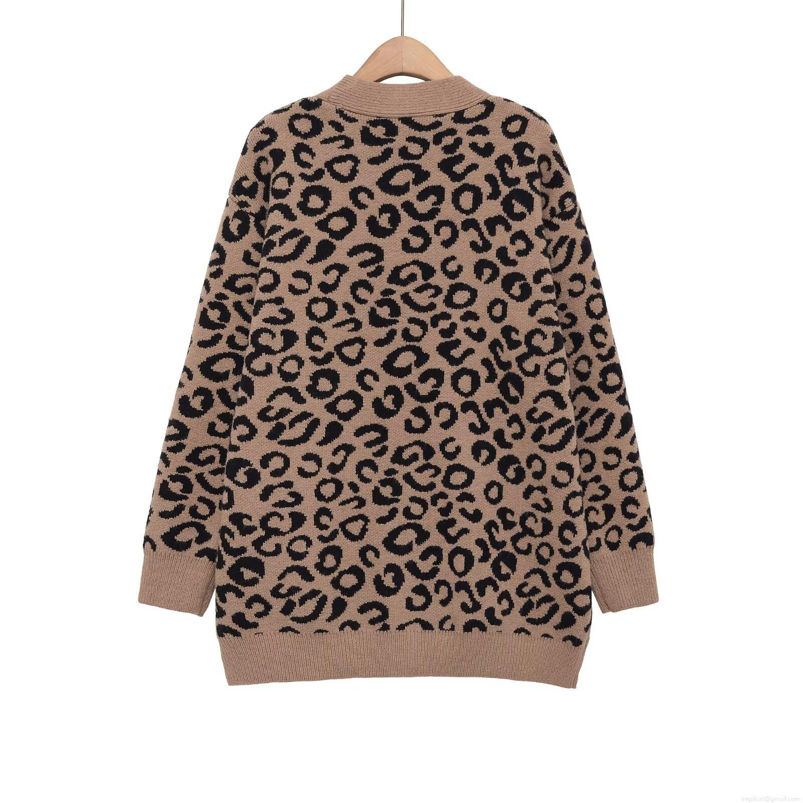 Women's Leopard Print Polyester Knitted Cardigan V-Neck Single-Breasted Loose Fit Long Sleeve Jacquard Sweater Casual Elegant Chic Outerwear