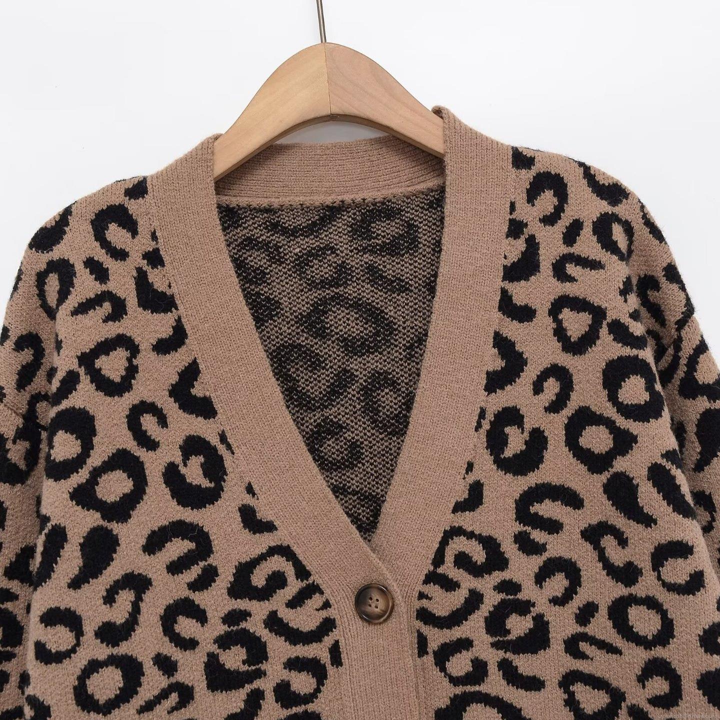 Women's Leopard Print Polyester Knitted Cardigan V-Neck Single-Breasted Loose Fit Long Sleeve Jacquard Sweater Casual Elegant Chic Outerwear