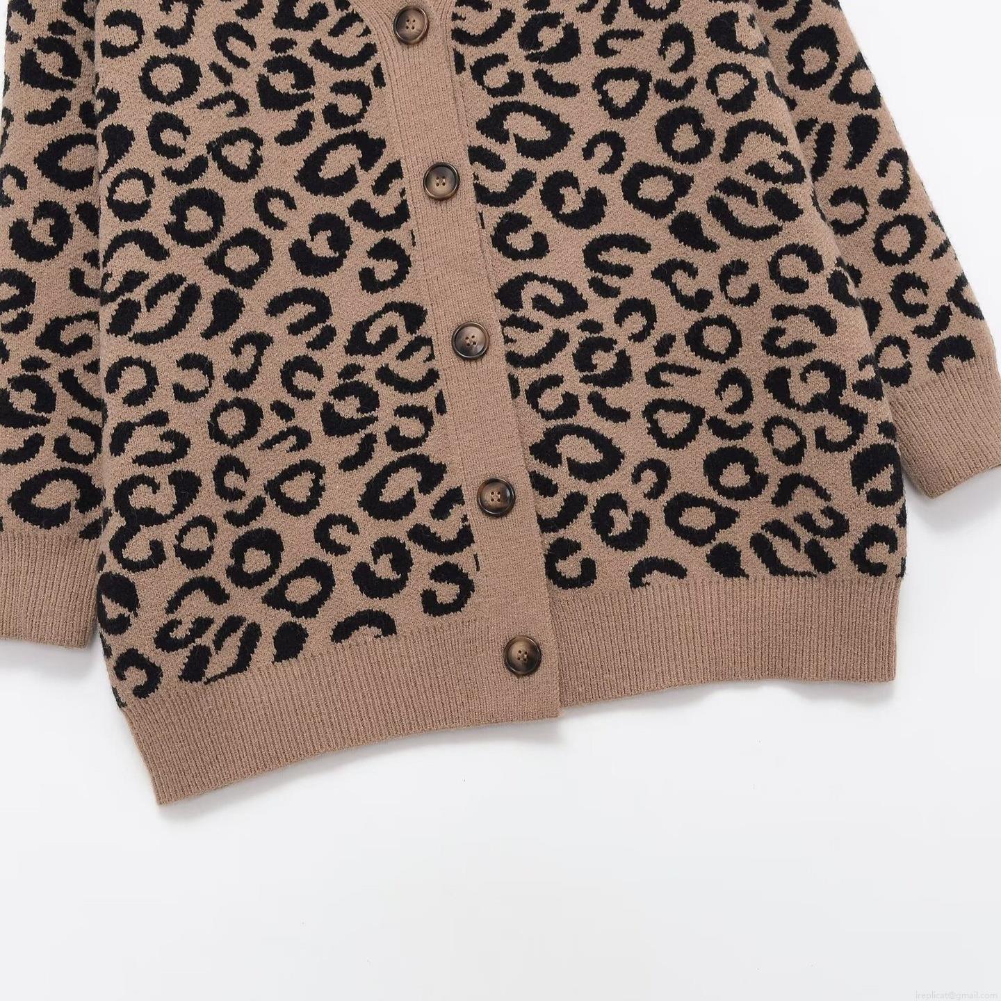 Women's Leopard Print Polyester Knitted Cardigan V-Neck Single-Breasted Loose Fit Long Sleeve Jacquard Sweater Casual Elegant Chic Outerwear