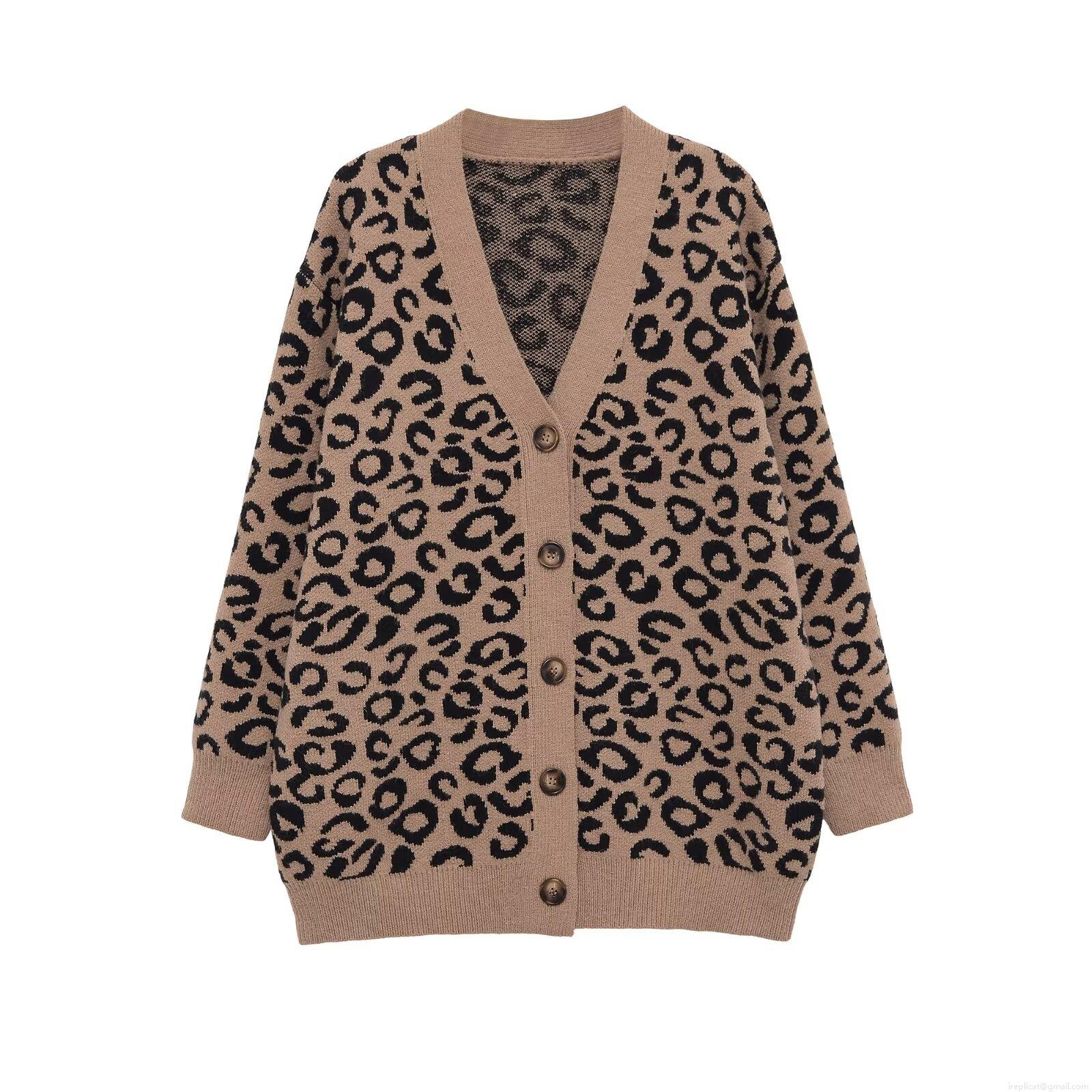 Women's Leopard Print Polyester Knitted Cardigan V-Neck Single-Breasted Loose Fit Long Sleeve Jacquard Sweater Casual Elegant Chic Outerwear