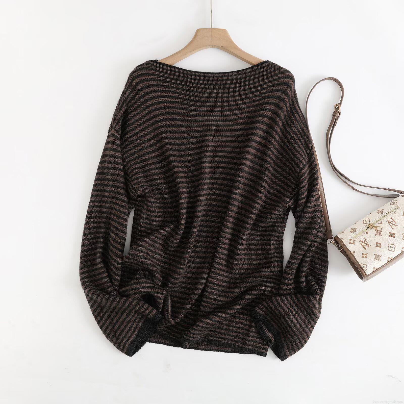 Women's Striped Knit Sweater 75% Acrylic 15% Wool 10% Nylon Boat Neck Long Sleeve Loose Fit Casual Pullover Top Daily Fall Winter Women Knitwear