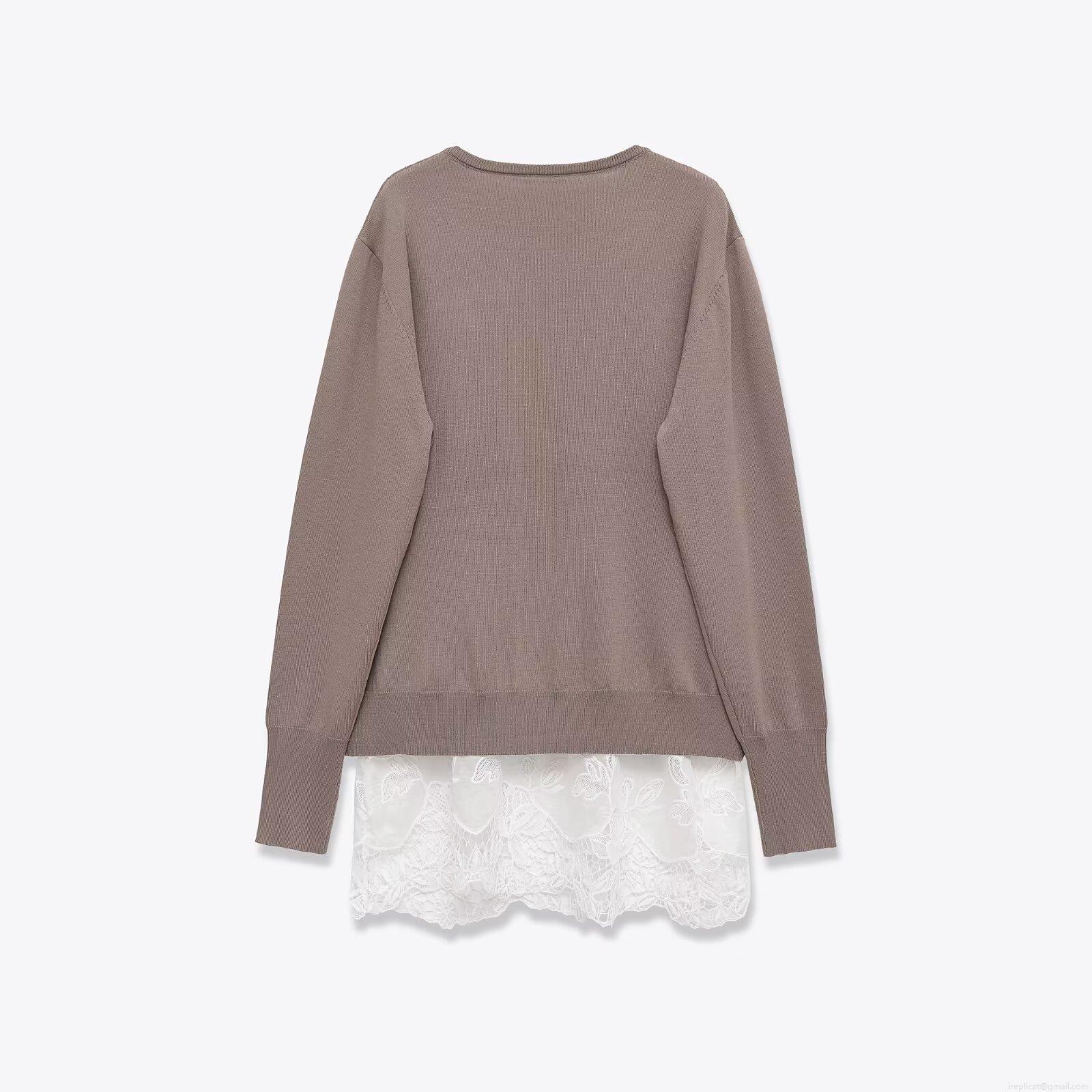 Women's V-Neck Knit Sweater Lace Patchwork Hem Loose Fit Pullover Long Sleeve Polyester Spandex Blend Soft Casual Solid Color Jumper Top For Fall Winter