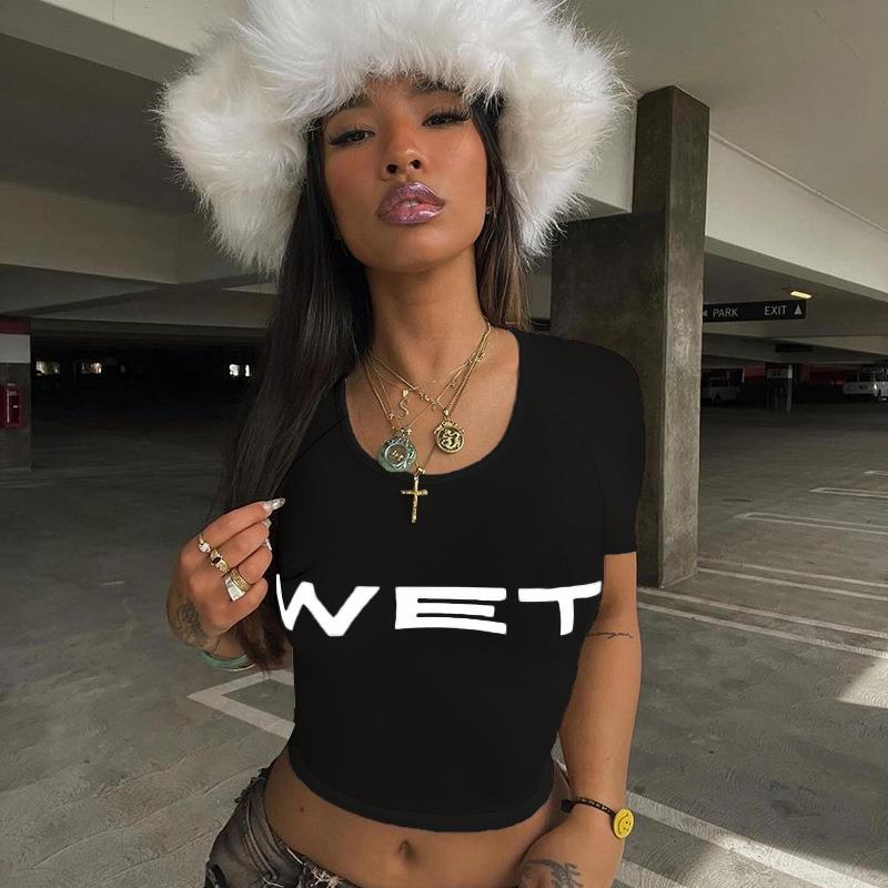 Women's Sexy Slim Fit Crop Top T-Shirt Short Sleeve Round Neck Letter Printed WET Streetwear Summer Polyester Blend Top For Women