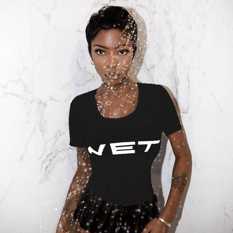 Women's Sexy Slim Fit Crop Top T-Shirt Short Sleeve Round Neck Letter Printed WET Streetwear Summer Polyester Blend Top For Women