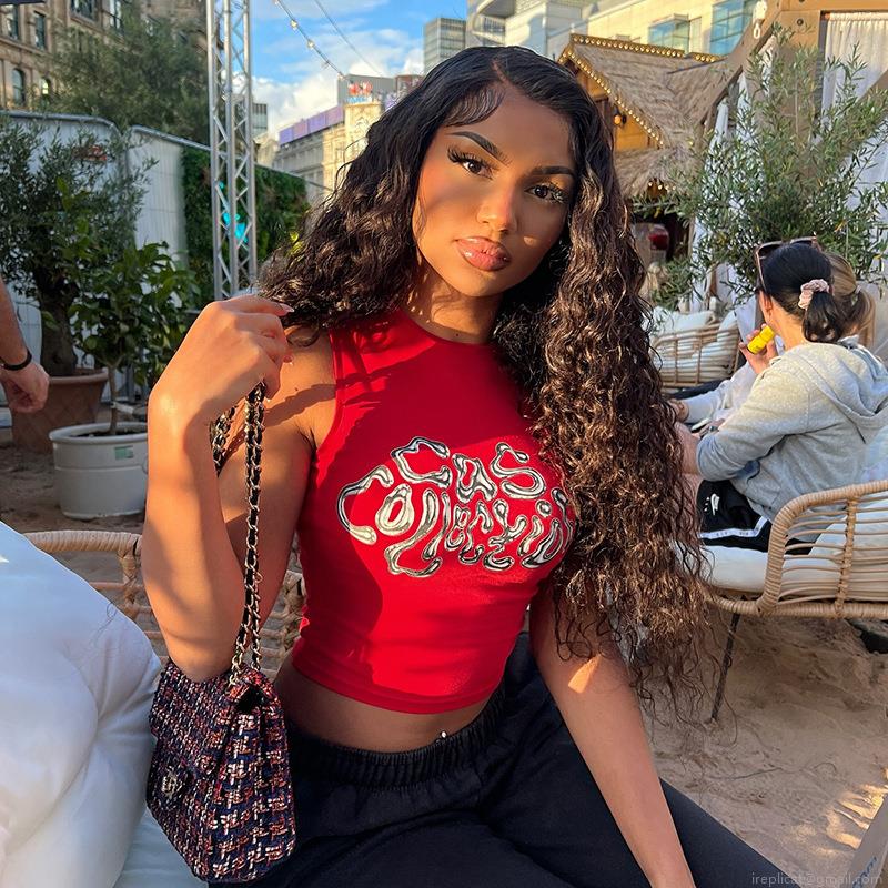 Women Red Sleeveless Tank Top With Metallic Letter Print Sexy Y2K Crop Top Polyester Spandex Streetwear For Summer Music Festival