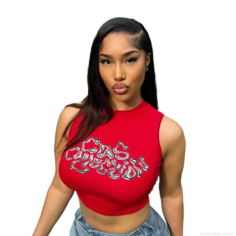 Women Red Sleeveless Tank Top With Metallic Letter Print Sexy Y2K Crop Top Polyester Spandex Streetwear For Summer Music Festival