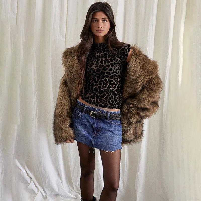 Women Sexy Leopard Print Mesh T-Shirt Transparent Flocking Short Sleeve Slim Fit Crop Top Y2K Streetwear Summer Polyester Spandex Tee