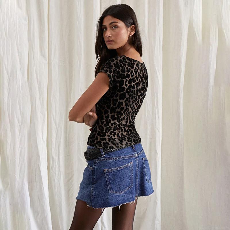 Women Sexy Leopard Print Mesh T-Shirt Transparent Flocking Short Sleeve Slim Fit Crop Top Y2K Streetwear Summer Polyester Spandex Tee