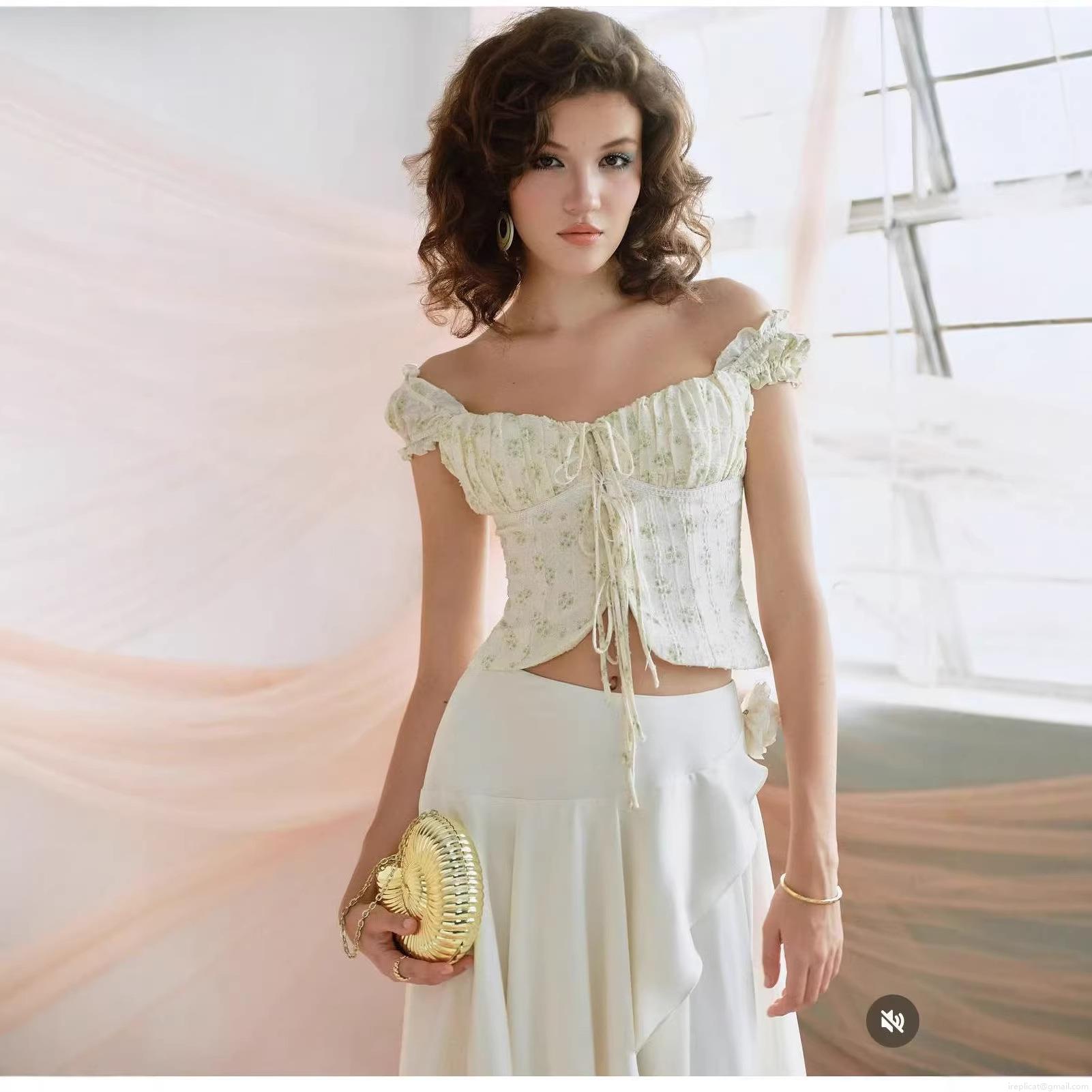 French Vintage Floral Cropped Top Women Off Shoulder Puff Sleeve Lace Up Blouse Summer Cottagecore Slim Fit Square Neck Short Sleeve Top For Vacation Daily Wear