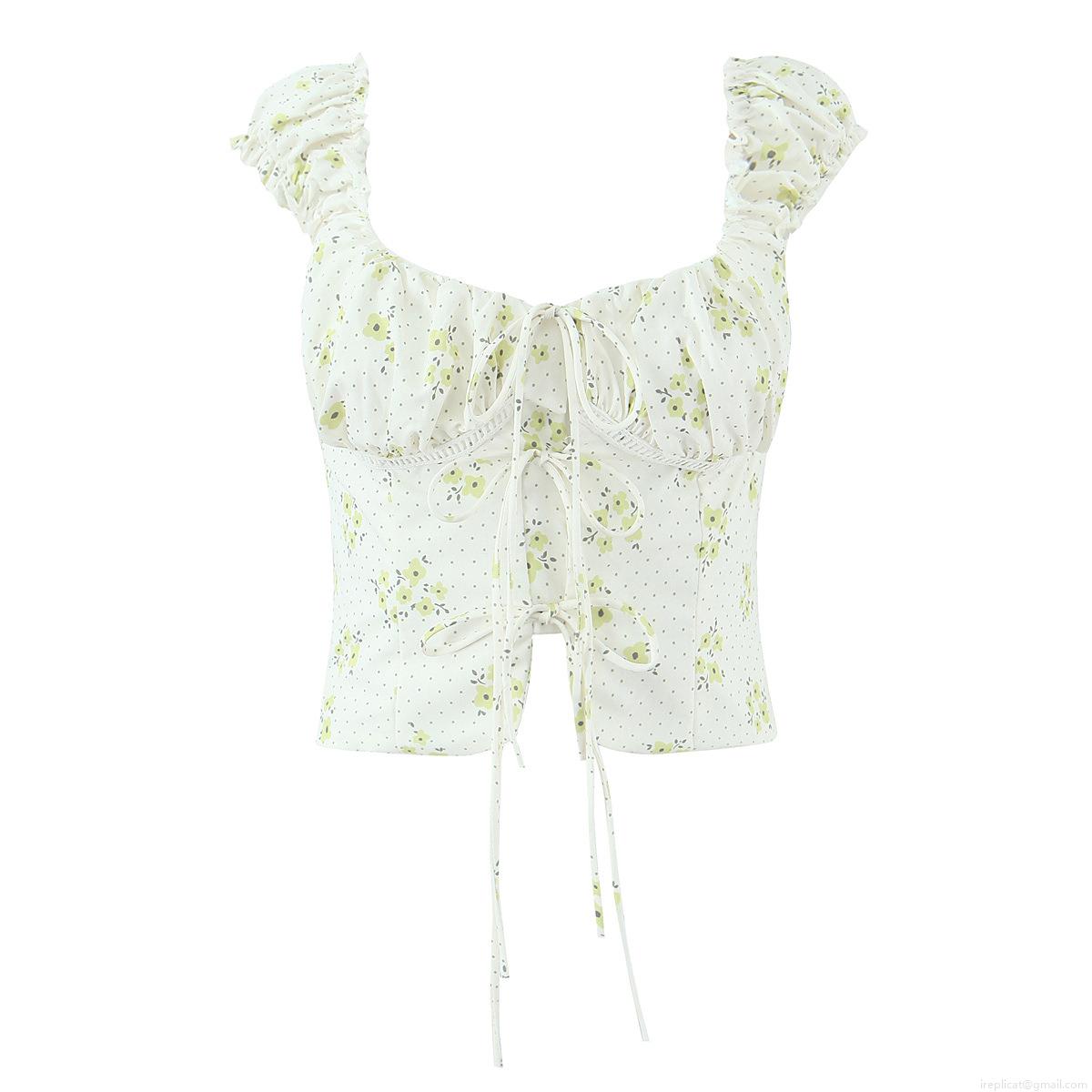 French Vintage Floral Cropped Top Women Off Shoulder Puff Sleeve Lace Up Blouse Summer Cottagecore Slim Fit Square Neck Short Sleeve Top For Vacation Daily Wear