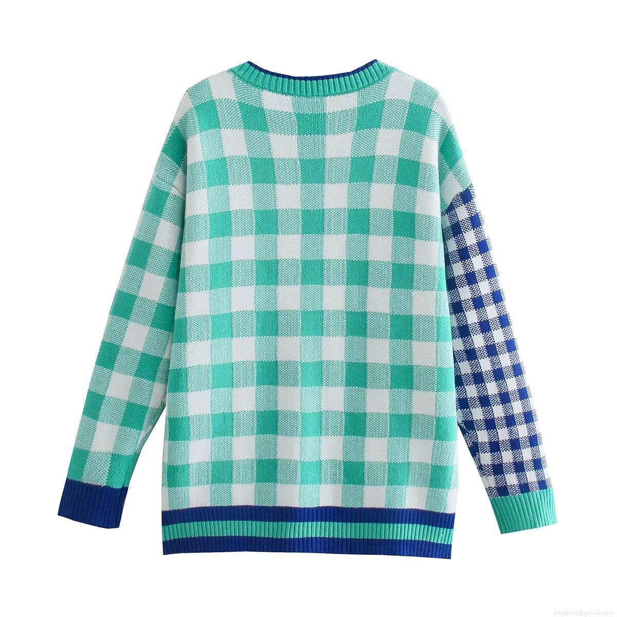 Women's Color Block Checkerboard Knit Cardigan Fashion V-Neck Single Breasted Long Sleeve Loose Sweater With Pockets Casual Tops
