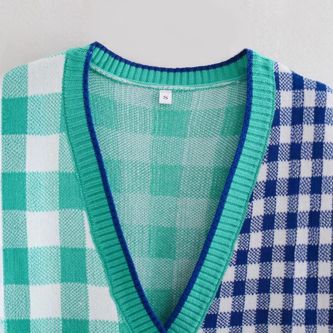 Women's Color Block Checkerboard Knit Cardigan Fashion V-Neck Single Breasted Long Sleeve Loose Sweater With Pockets Casual Tops