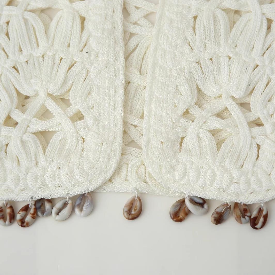 Women Crochet Tank Top With Shell Tassel Boho Knit Vest Hollow Out V-Neck Pullover Crop Top For Summer Beach Vacation Casual Sleeveless Top