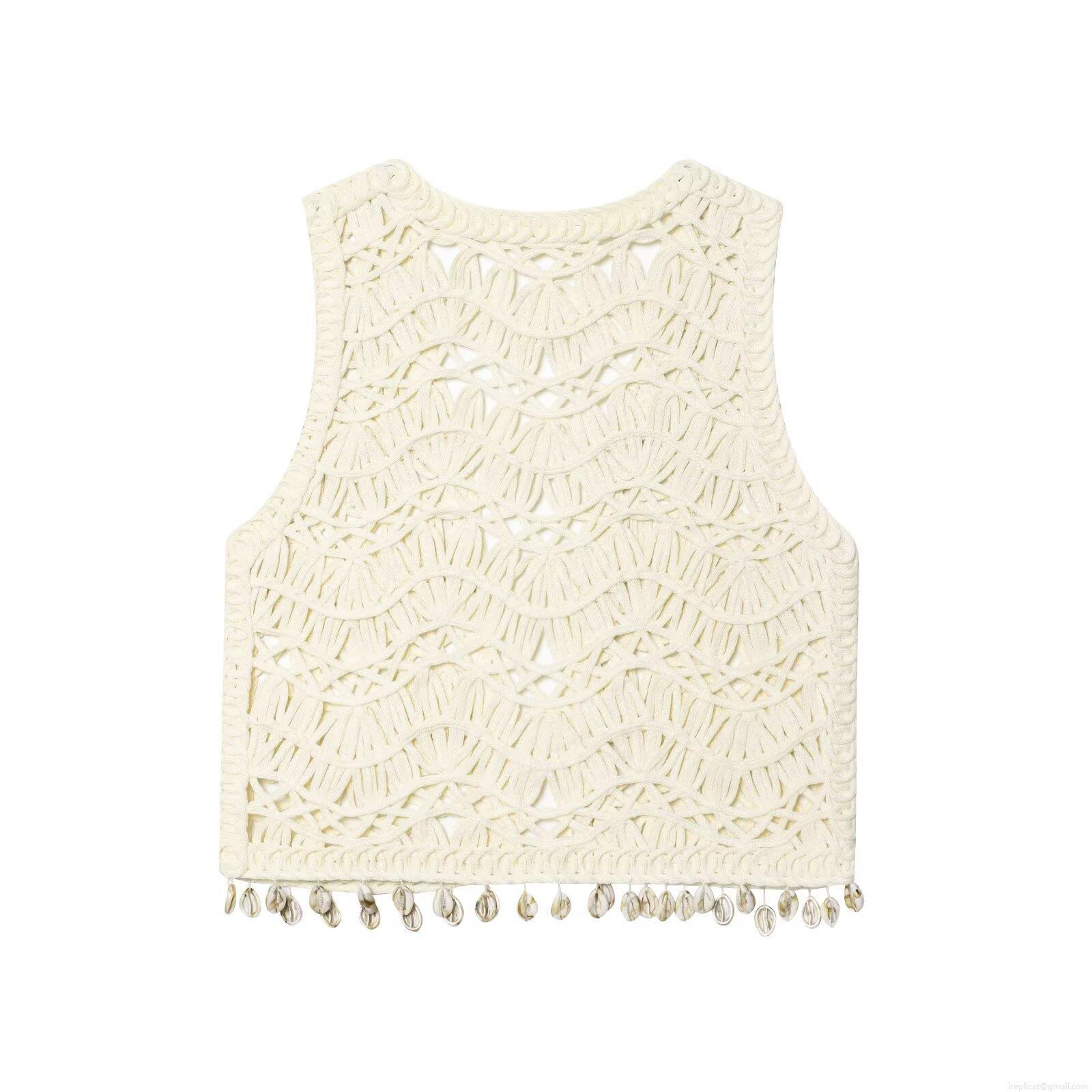 Women's Bohemian Crochet Knit Vest Hollow Out Shell Trim V-Neck Sleeveless Cardigan Almond Summer Beach Vacation Crochet Waistcoat for Women