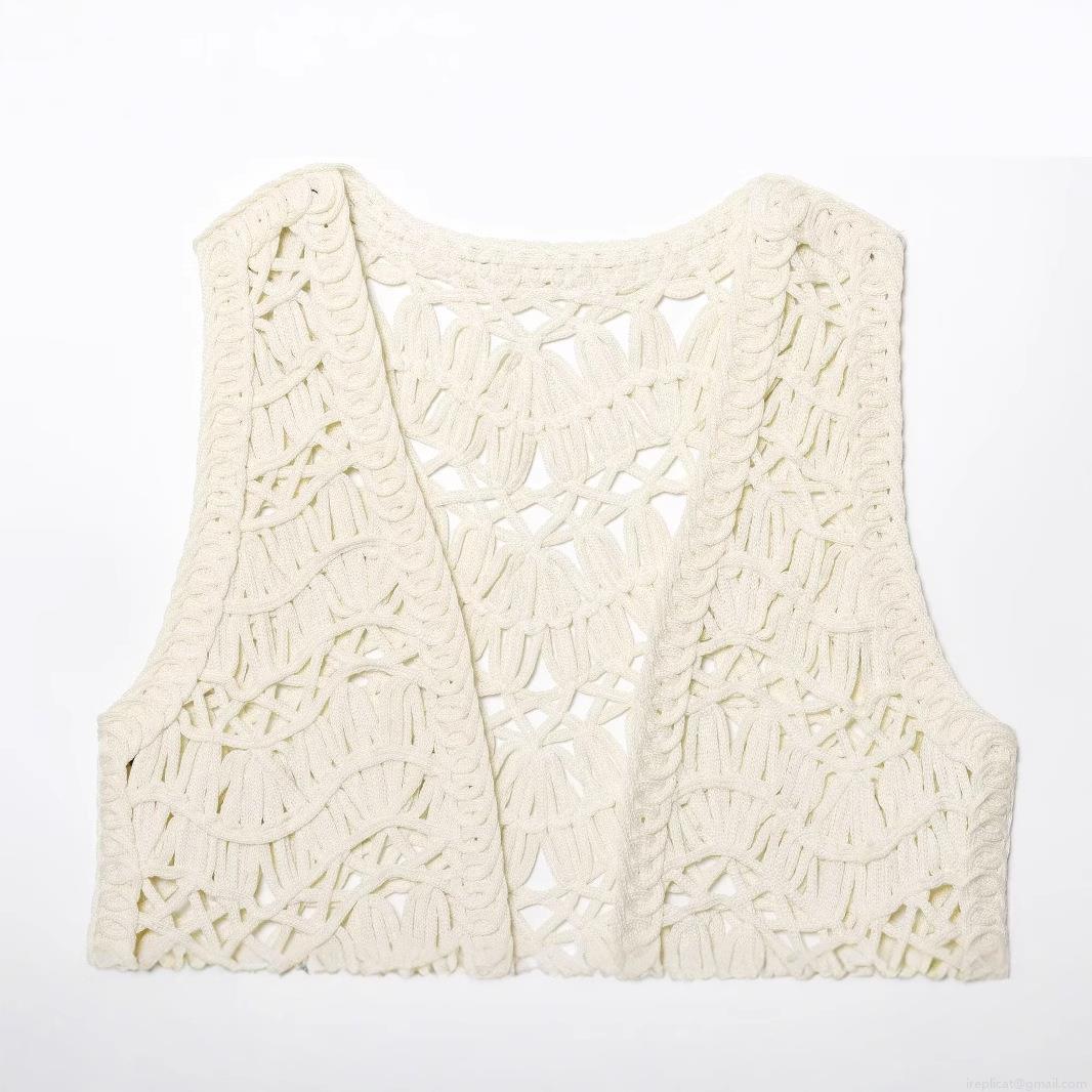 Women's Bohemian Crochet Knit Vest Hollow Out Shell Trim V-Neck Sleeveless Cardigan Almond Summer Beach Vacation Crochet Waistcoat for Women