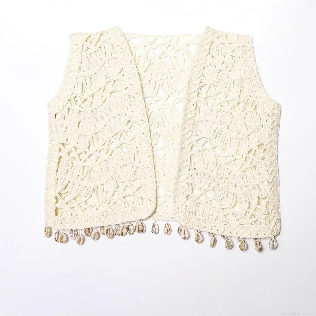 Women's Bohemian Crochet Knit Vest Hollow Out Shell Trim V-Neck Sleeveless Cardigan Almond Summer Beach Vacation Crochet Waistcoat for Women