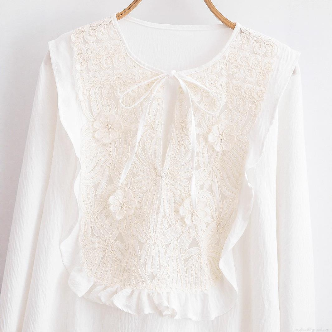 Women's Long Sleeve Lace Patchwork Blouse Elegant Embroidery Ruffle Tie Neck Shirt Solid White Casual Sweet Tops for Ladies