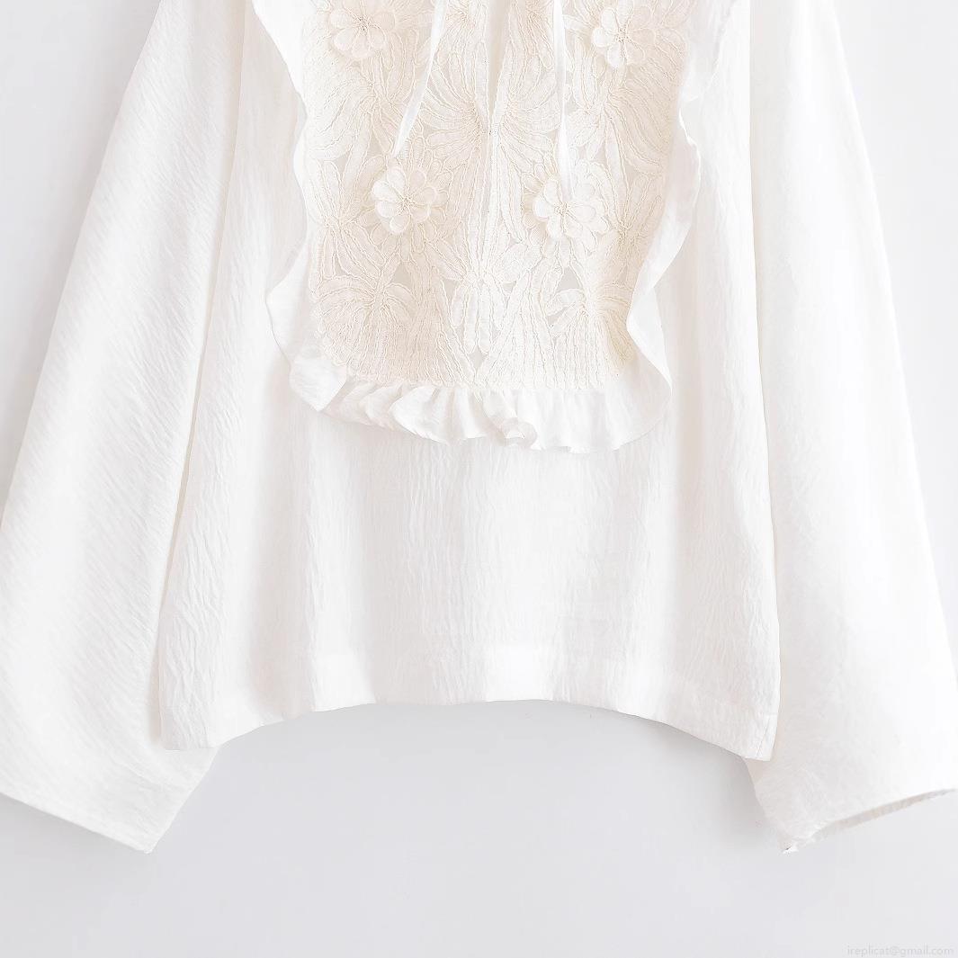 Women's Long Sleeve Lace Patchwork Blouse Elegant Embroidery Ruffle Tie Neck Shirt Solid White Casual Sweet Tops for Ladies