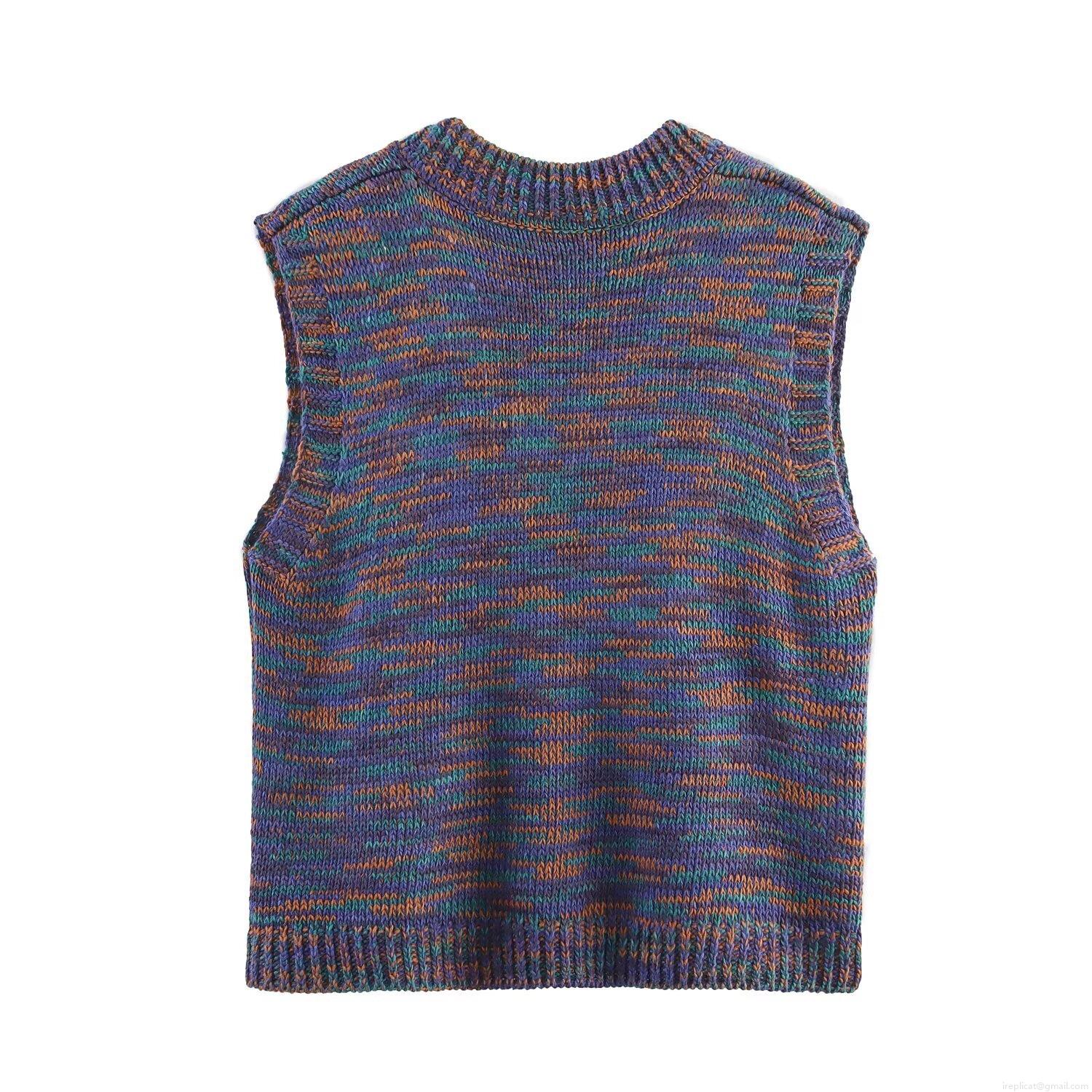 Women's V-Neck Knit Vest Sleeveless Multicolor Space-Dyed Polyester Sweater Ribbed Trim Casual Vintage Tank Top For Women Daily Fashion