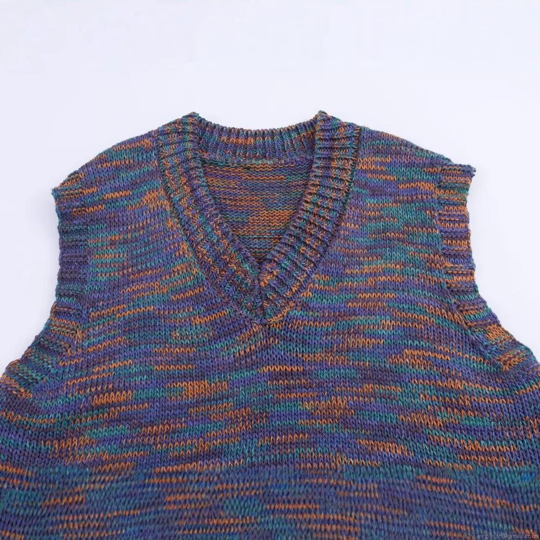 Women's V-Neck Knit Vest Sleeveless Multicolor Space-Dyed Polyester Sweater Ribbed Trim Casual Vintage Tank Top For Women Daily Fashion