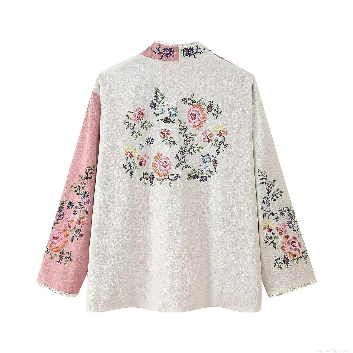 Women's Floral Embroidery Patchwork Cardigan Long Sleeve Stand Collar Lace Trim Polyester Cotton Blend Loose Blouse Kimono Style Ethnic Casual Top