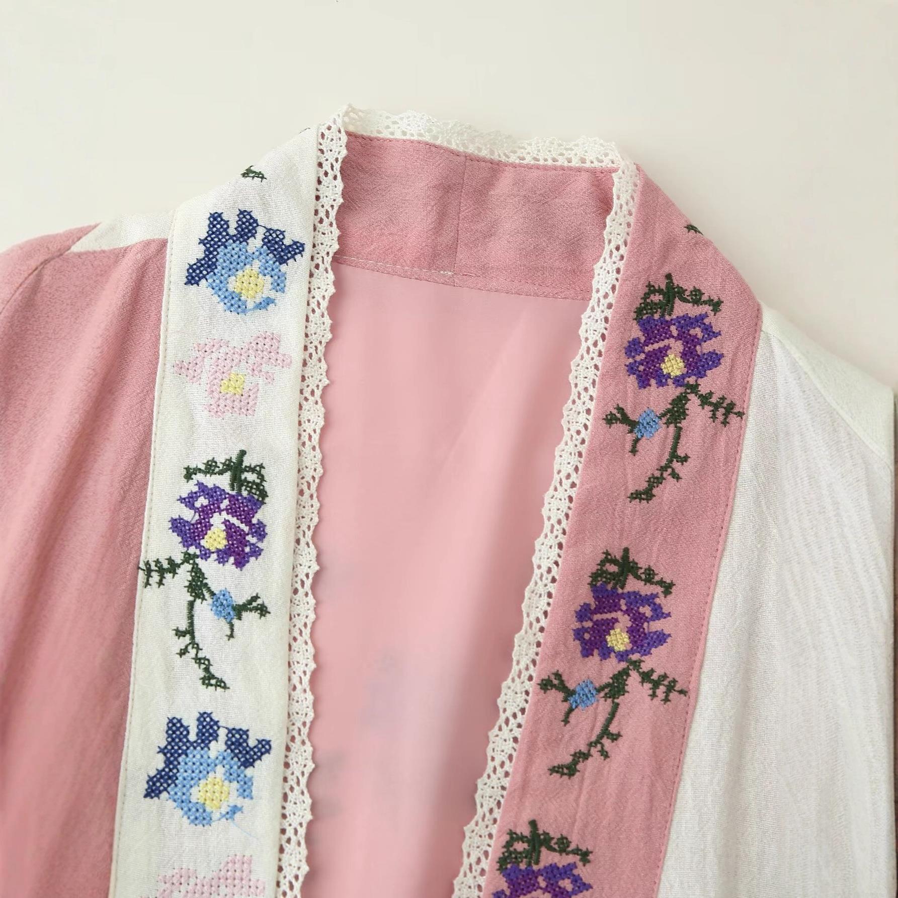 Women's Floral Embroidery Patchwork Cardigan Long Sleeve Stand Collar Lace Trim Polyester Cotton Blend Loose Blouse Kimono Style Ethnic Casual Top