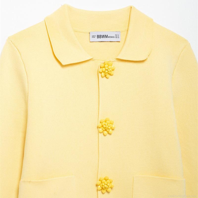 Women Yellow Knit Cardigan Sweater 100% Polyester Lapel Long Sleeve Top With Floral Buttons And Pockets Casual Sweet Style Spring Autumn Daily Wear