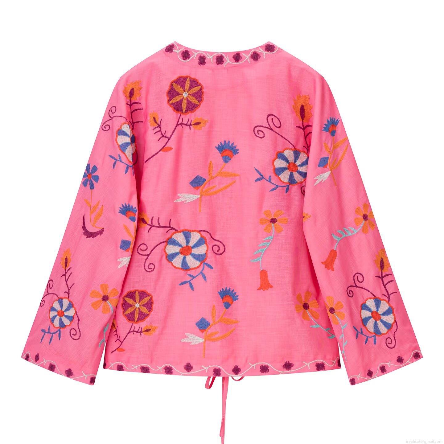 Women Floral Embroidered Kaftan Cardigan Top Ethnic Boho Fuchsia Pink V-Neck Long Sleeve Shirt Bohemian Casual Blouse With Stripe Lining For Lady