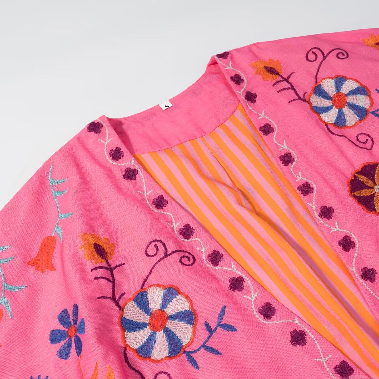 Women Floral Embroidered Kaftan Cardigan Top Ethnic Boho Fuchsia Pink V-Neck Long Sleeve Shirt Bohemian Casual Blouse With Stripe Lining For Lady