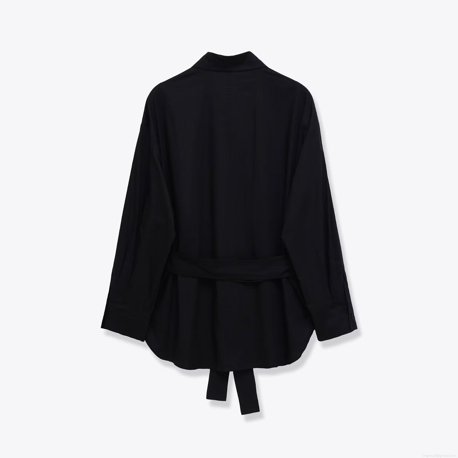 Women's Long Sleeve Workwear Shirt Solid Color Polyester Blouse With Double Pockets And Belt Casual Fashion Tops For Ladies