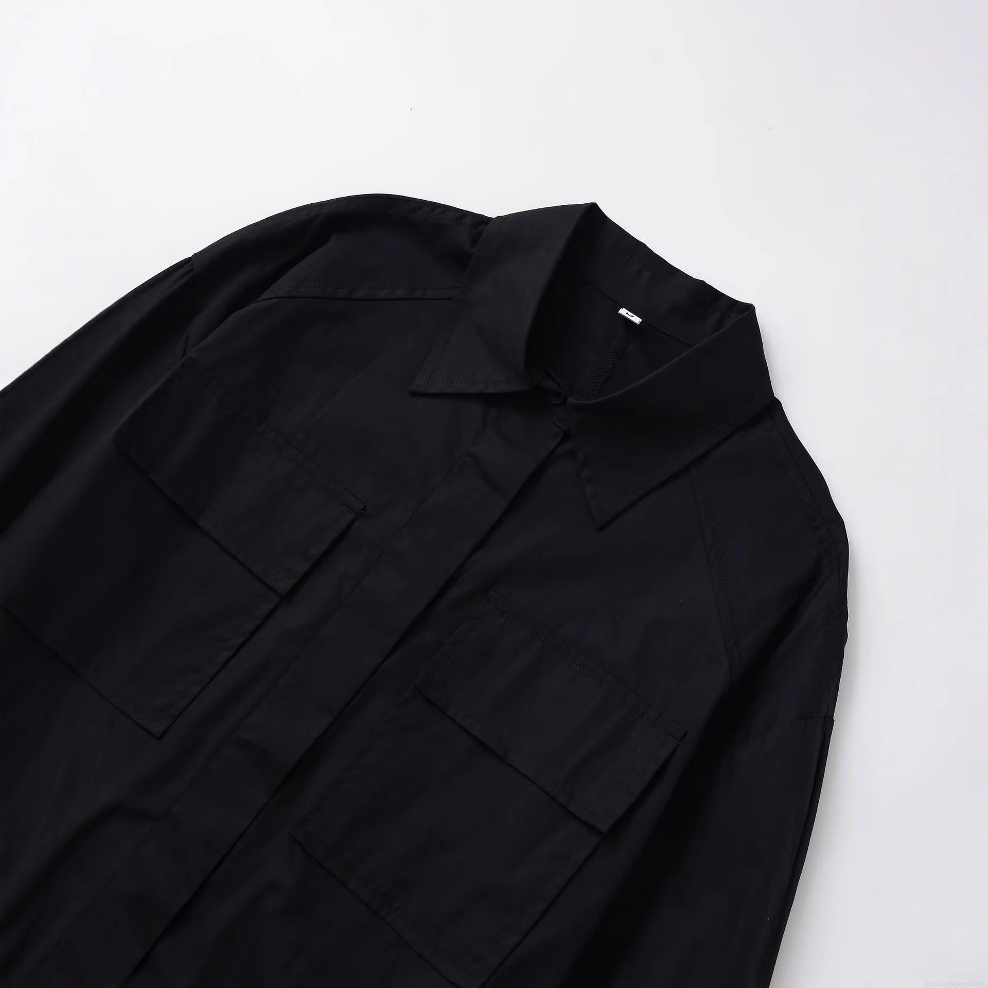 Women's Long Sleeve Workwear Shirt Solid Color Polyester Blouse With Double Pockets And Belt Casual Fashion Tops For Ladies