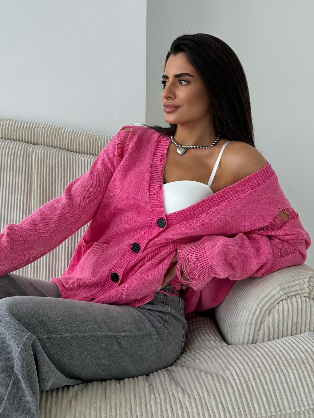 Women's Knit Cardigan Cotton Acrylic Blend Distressed Sweater V Neck Button Down Loose Fit Daily Streetwear Y2K Aesthetic American Vintage Style Long Sleeve Oversized Pink Top
