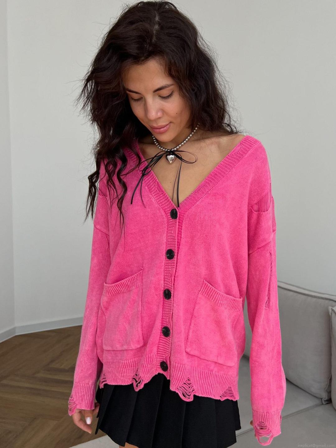 Women's Knit Cardigan Cotton Acrylic Blend Distressed Sweater V Neck Button Down Loose Fit Daily Streetwear Y2K Aesthetic American Vintage Style Long Sleeve Oversized Pink Top