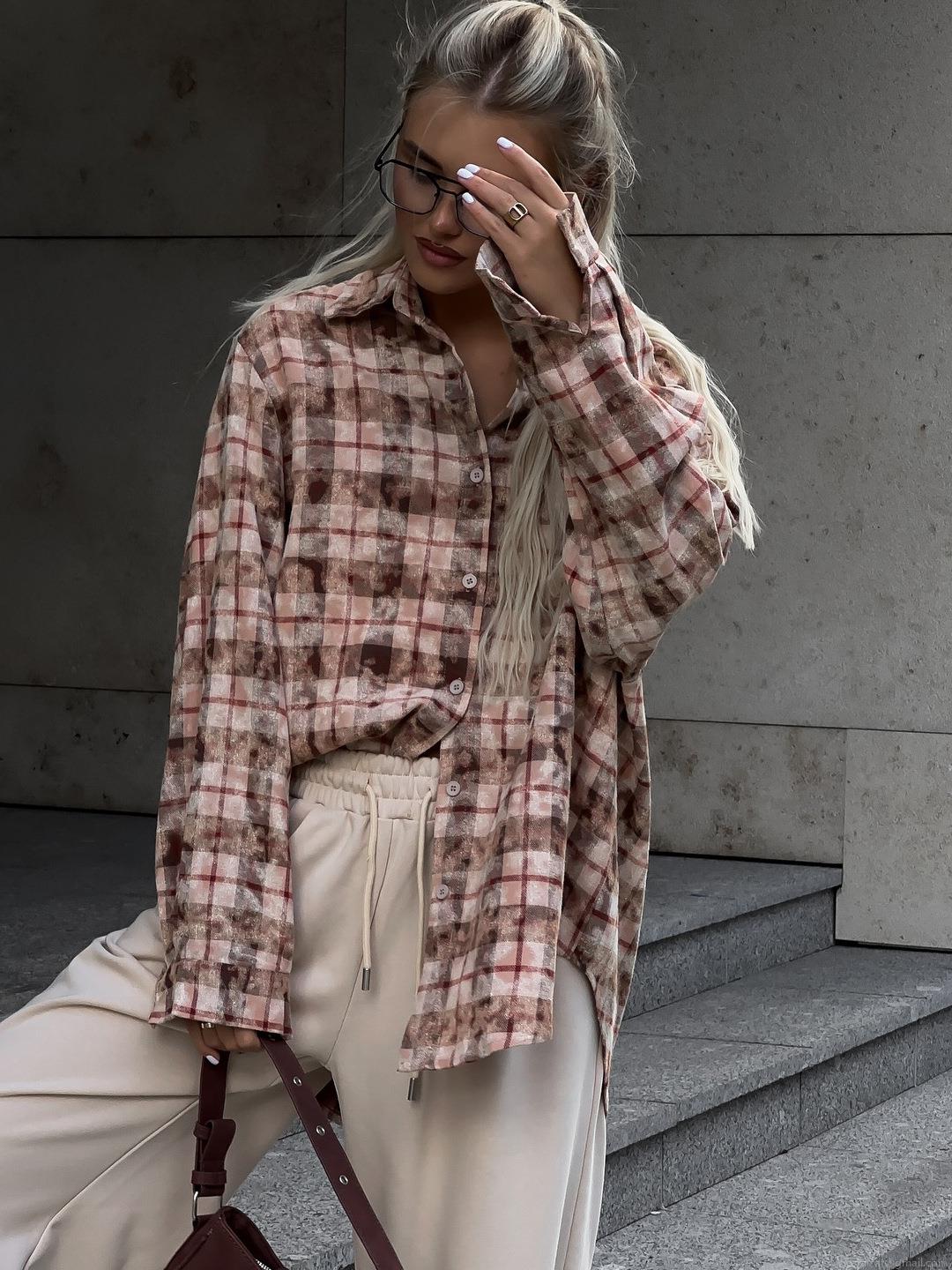 Women's Casual Oversized Plaid Long Sleeve Shirt Distressed Cotton Blouse Loose Mid-Length Button Down Tops for Streetwear Daily Autumn Lady