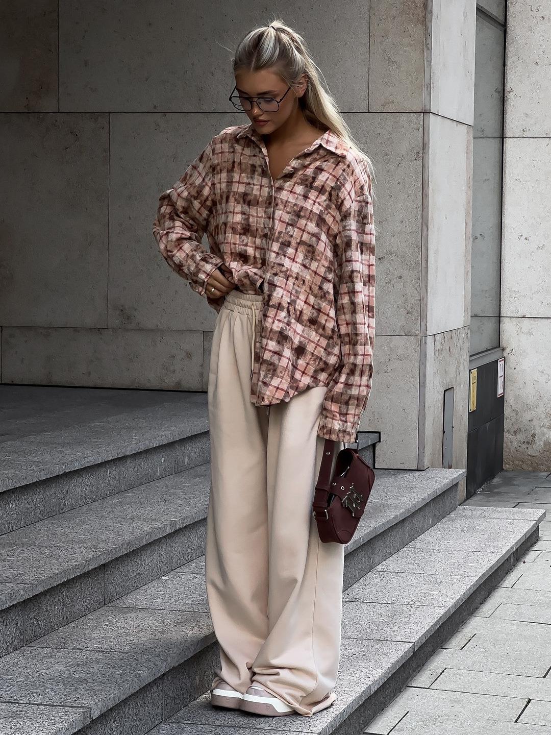 Women's Casual Oversized Plaid Long Sleeve Shirt Distressed Cotton Blouse Loose Mid-Length Button Down Tops for Streetwear Daily Autumn Lady