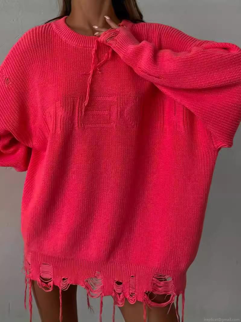 Women's Oversized Distressed Knit Sweater Cotton Blend Distressed Streetwear Jumper With Fringes And Holes Neon Pink Crew Neck Pullover Top