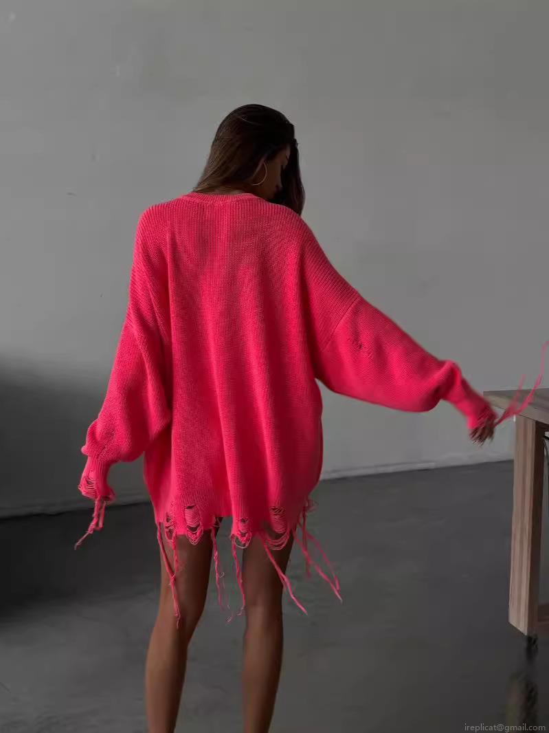 Women's Oversized Distressed Knit Sweater Cotton Blend Distressed Streetwear Jumper With Fringes And Holes Neon Pink Crew Neck Pullover Top