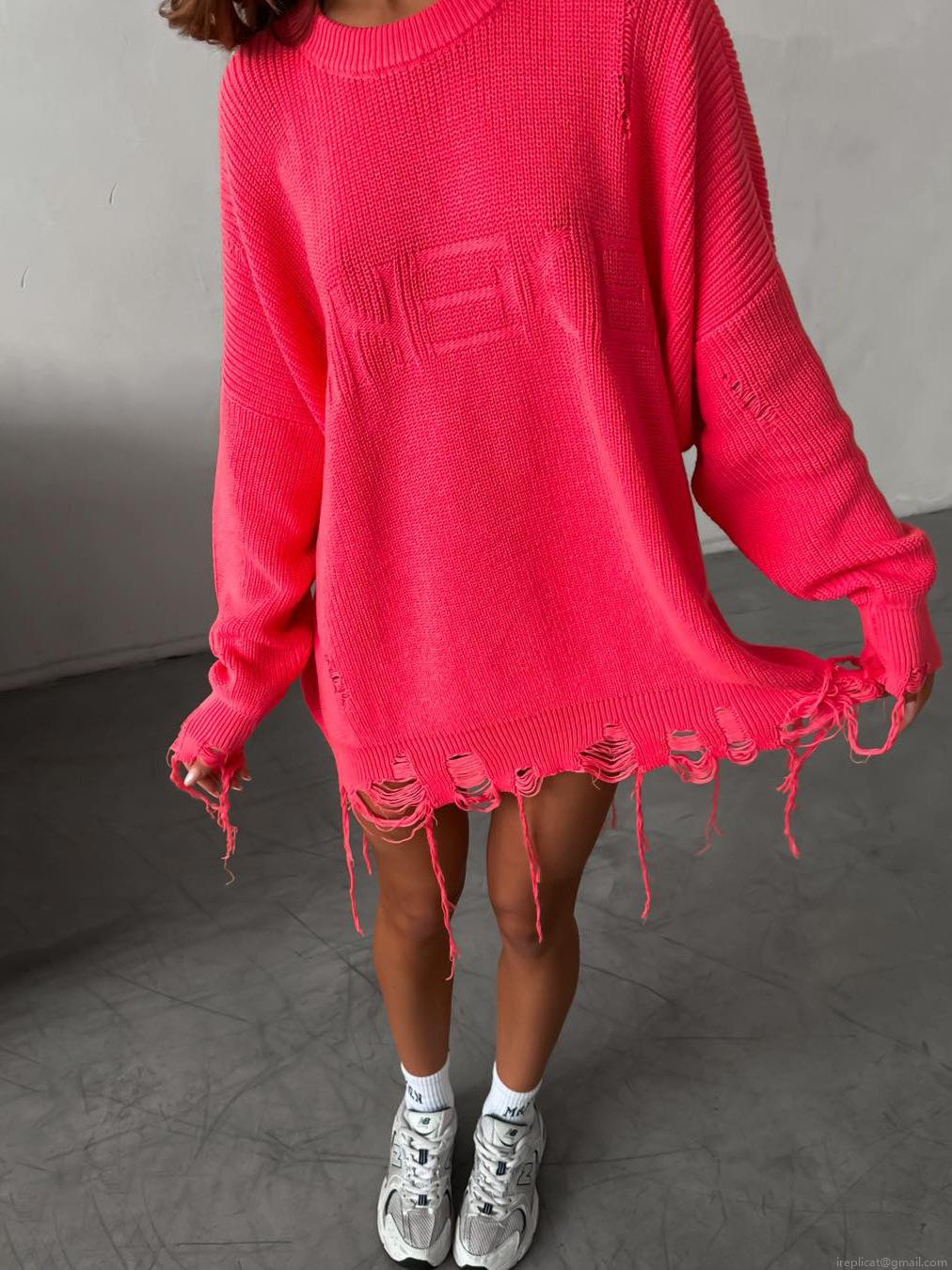 Women's Oversized Distressed Knit Sweater Cotton Blend Distressed Streetwear Jumper With Fringes And Holes Neon Pink Crew Neck Pullover Top