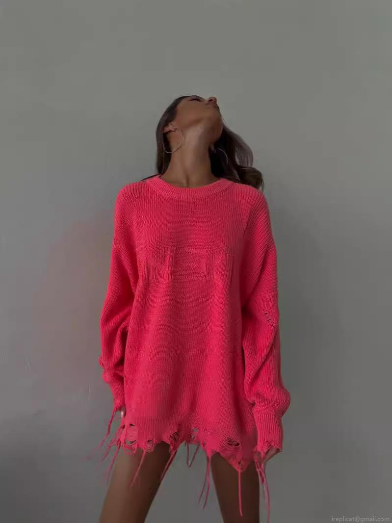 Women's Oversized Distressed Knit Sweater Cotton Blend Distressed Streetwear Jumper With Fringes And Holes Neon Pink Crew Neck Pullover Top