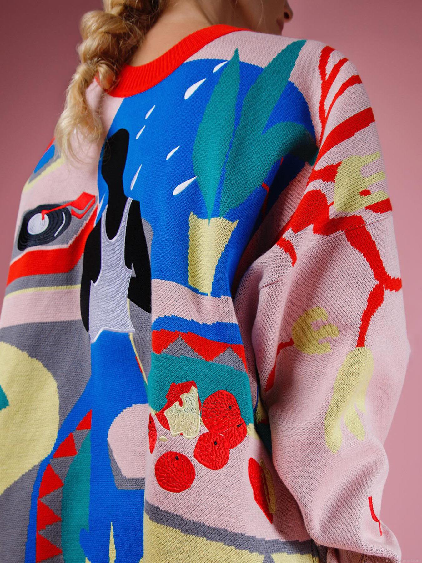 Women's Artistic Jacquard Sweater Retro Abstract Portrait Record Player Pattern Cotton Acrylic Blend Oversized Crew Neck Long Sleeve Streetwear Top