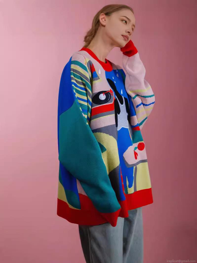 Women's Artistic Jacquard Sweater Retro Abstract Portrait Record Player Pattern Cotton Acrylic Blend Oversized Crew Neck Long Sleeve Streetwear Top