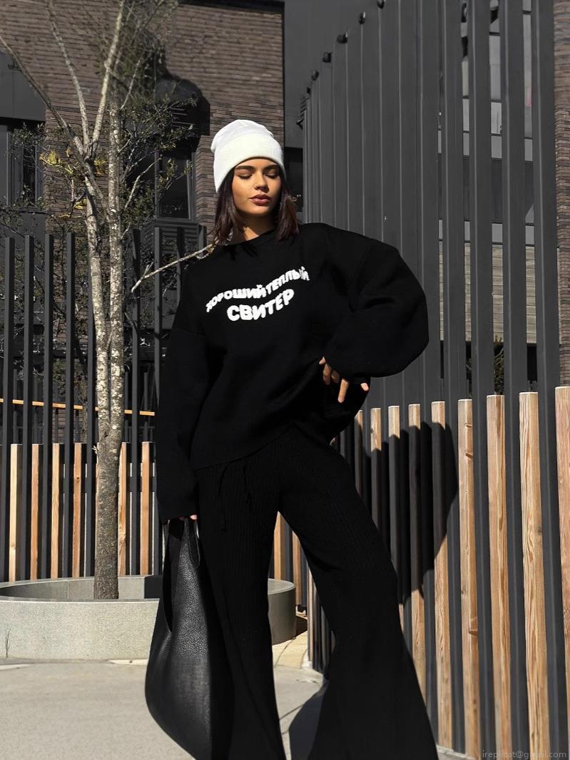 Women's Loose Oversize Russian Letter Print Knit Sweater Casual Crew Neck Cotton Blend Flocking Embroidery Pullover Warm Streetwear Tops
