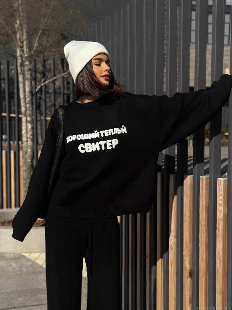Women's Loose Oversize Russian Letter Print Knit Sweater Casual Crew Neck Cotton Blend Flocking Embroidery Pullover Warm Streetwear Tops