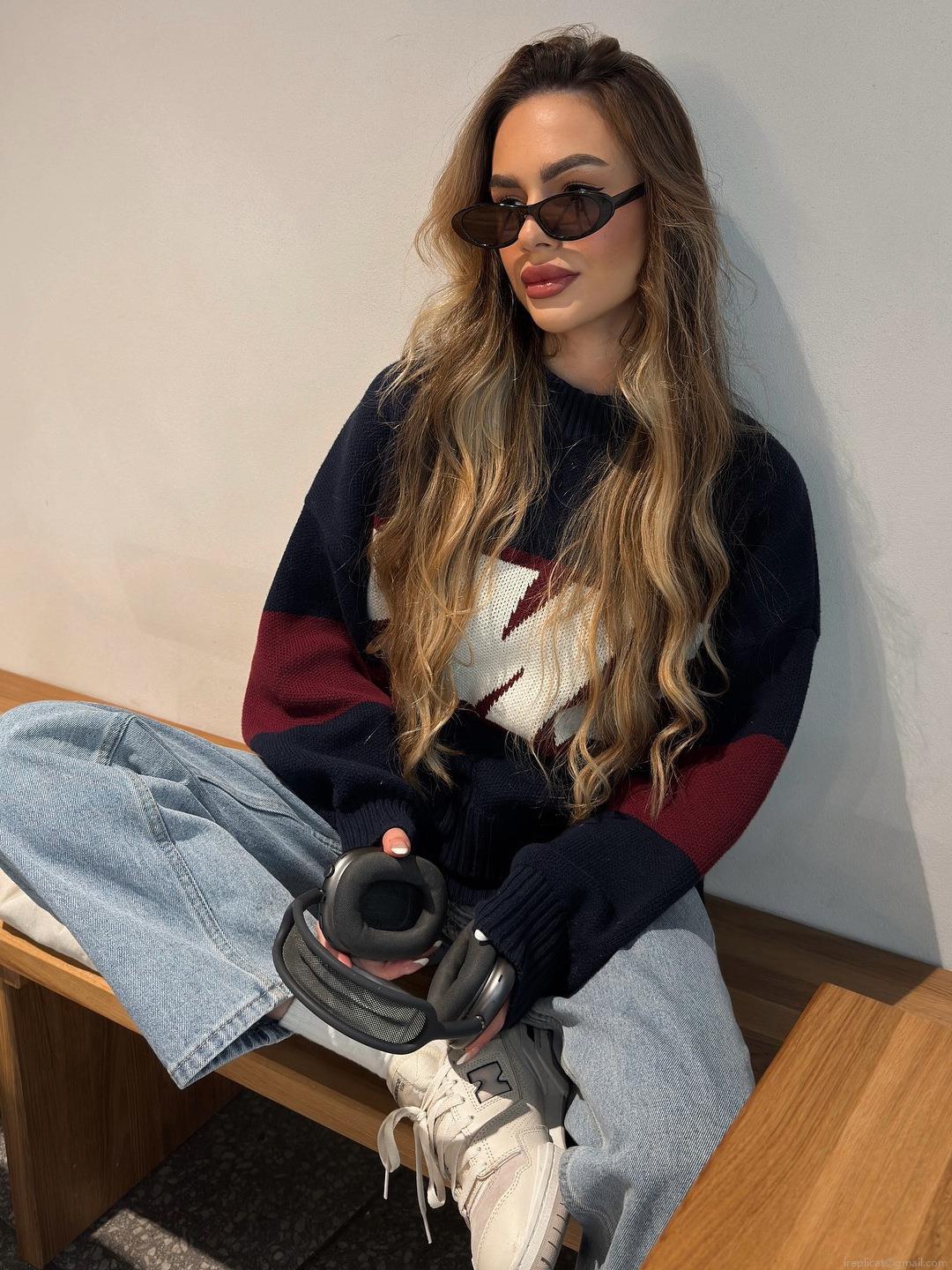 Women's Oversized Knit Sweater Cotton Blend Letter Print Color Block Round Neck Long Sleeve Pullover High Street Vintage Style Autumn Winter Knitwear