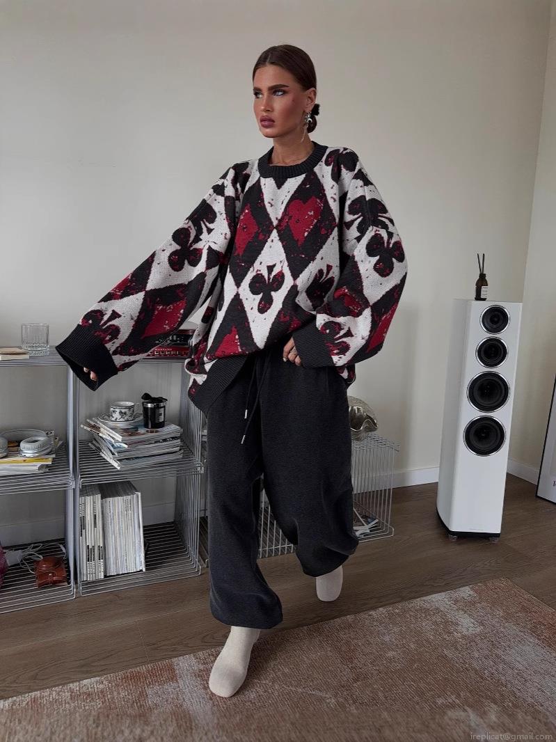 Women's Oversized Knitted Sweater Poker Card Heart Spade Print Argyle Crew Neck Long Sleeve Casual Streetwear Pullover Tops Warm Winter Fashion